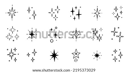 Line star glitter shine of doodle set. Star shine glow, spark glitter, sparkle light vector illustration. Hand drawn sketch doodle style.. Royalty-Free Stock Photo #2195373029
