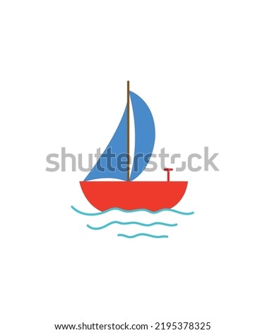 Sailboat. Cute boat with sails on a white isolated background.  water waves. Vector illustration 