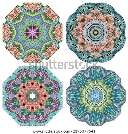 Hand-painted art design. Color hand drawn illustration set of 4 mandalas for decoration