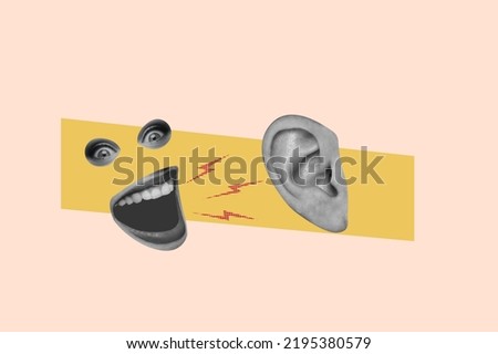 Giant female mouth shout out ear . Gossips. Concept of creativity, surrealism, bright design, information, ad Royalty-Free Stock Photo #2195380579