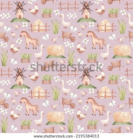 Seamless pattern hand drawn by watercolour. Isolated on pink background. Farm animals and objects - hen, goose, horse, grass, miln. Cute kids design in cartoon style