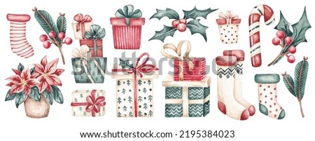 Christmas illustrations hand drawn by watercolour. Traditional colours - green, red, gold. Isolated on white background. Set of Christmas, New Year present box, candy canes, stockings, mistletoe