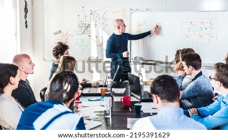 Informal IT business startup company meeting. Team leader discussing and brainstorming new project and ideas with colleagues. Startup business and entrepreneurship concept Royalty-Free Stock Photo #2195391629