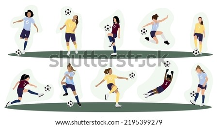 Set of women playing soccer on white background