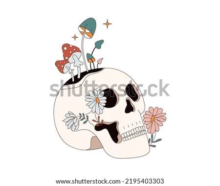 Fantasy retro hippie skull with mushrooms and flowers in 60s 70s style. Abstract Halloween psychedelic art. Esoteric wallpaper. Vintage holiday skeleton head. Vector design for t shirt print