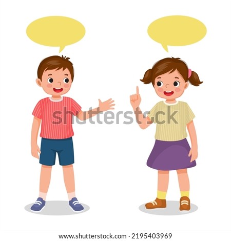 cute kids little boy and girl talking each other with speech bubble Royalty-Free Stock Photo #2195403969