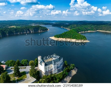 Czechia, Orlik Castle and Vltava River Aerial View. Czech Republic. Beautiful Summer Green Landscape with Orlík Water Reservoir and Boats. View from Above.  Royalty-Free Stock Photo #2195408189