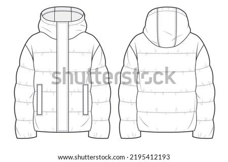 Unisex quilted padded Jacket technical fashion Illustration. Hooded crop puffer down Jacket technical drawing template, long sleeve, pocket, front and back view, white, women, men, unisex CAD mockup. Royalty-Free Stock Photo #2195412193