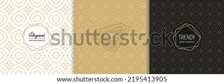Vector golden patterns set. Luxury ornamental seamless ornaments in traditional arabian, moroccan, turkish style. Gold abstract floral mosaic background texture. Modern minimal labels. Premium design Royalty-Free Stock Photo #2195413905