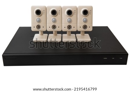 Digital Video Recorder and video surveillance cameras on white background