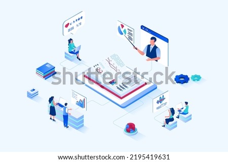 Business training 3d isometric web design. People improve their professional skills at business meetings, listen to coach, analyze company data on graphics and read textbooks. Vector web