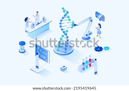 Medical laboratory 3d isometric web design. People scientists explore molecular structure of dna on modern laboratory equipment, researchers do tests and chemical experiments. Vector web