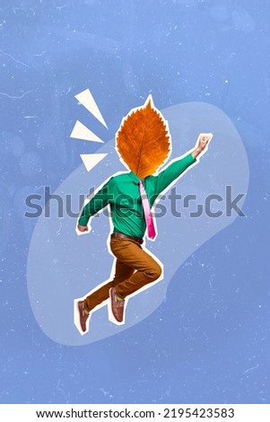 Creative collage photo of flying autumn leave instead head wear green shirt brown trousers pink tie isolated on blue color background