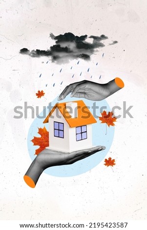 Creative collage photo of hands saving home from rain thunderstorm clouds in sky autumn leaves fall isolated on white color background