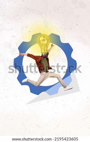 Vertical collage picture of excited person jump run light bulb instead head huge configuration symbol isolated on painted background