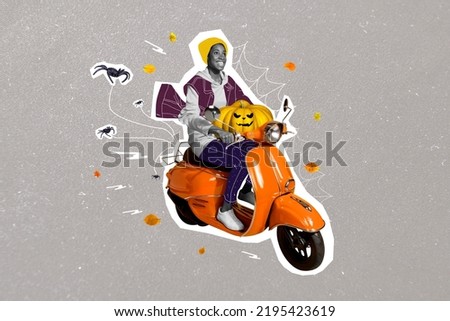 Photo artwork minimal picture of happy smiling lady riding moped halloween preparation isolated drawing background