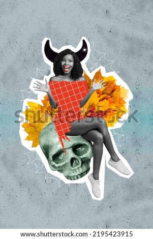 Collage artwork graphics picture of demon lady sitting big huge scull throne isolated painting background