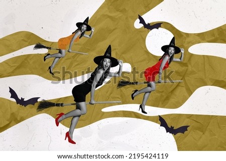 Collage profile photo of three funny ladies magic witch fly broomstick wear hats halloween bat isolated on drawing background