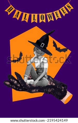 Collage vertical photo of girl scary hold cheeks hand wear jack lantern pumpkin head sitting hand glove isolated on drawing background