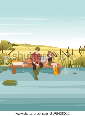 Fishermans sits on wooden pier and fishing with rod vector illustration vertical format
