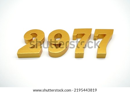   Number 2977 is made of gold-painted teak, 1 centimeter thick, placed on a white background to visualize it in 3D.                                      
