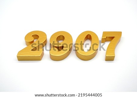   Number 2907 is made of gold-painted teak, 1 centimeter thick, placed on a white background to visualize it in 3D.                                