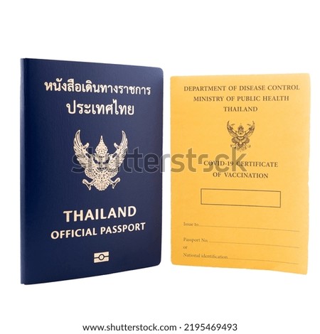 Thailand official passport and vaccine passport are on isolated white background with a clipping path.