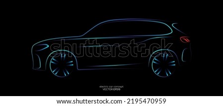 Modern SUV car sketch line silhouette blue and green light isolated on black background in side view. Vector illustration in concept technology electric car, self drive car Royalty-Free Stock Photo #2195470959