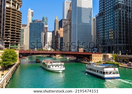 Sightseeing cruise at Chicago river in Chicago, Illinois, USA Royalty-Free Stock Photo #2195474151