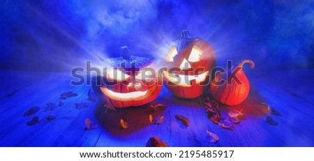 Halloween magic pumpkin of spells portrait making witchcraft. Over spooky dark magic forest background. Wide Halloween party art design.