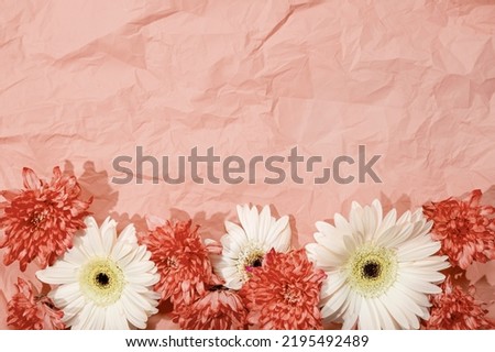  Greeting card with white and pink flowers on a textured pink background, free space for text