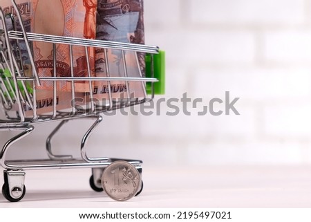 Russian rubles in a mini grocery basket on the table