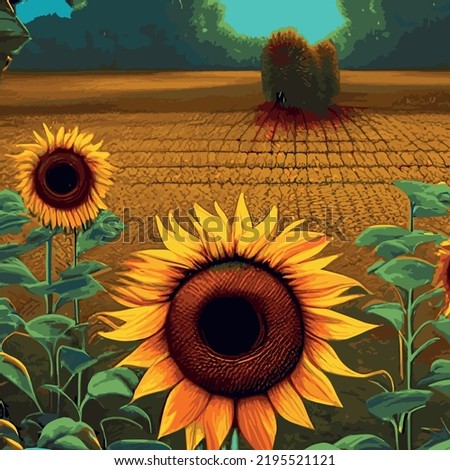 vector illustration, sunflower flower, sunset rural landscape oil painting with golden sunflower field. Warm sunset light and orange hills in the background