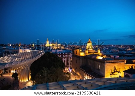 Seville view from Metropol Parasol. Setas de Sevilla best view of the city of Seville, Andalusia, Spain by night.