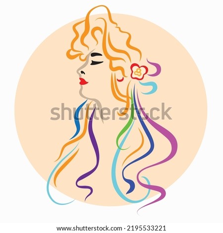 Portrait of a red-haired girl with ribbons in her hair on a white background. Woman beauty fashion concept, minimalistic style. Portrait of a girl in profile linear drawing. Design element.  Royalty-Free Stock Photo #2195533221
