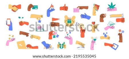 A set of human hands on a white background holding various objects, money, credit card, fire, book. A human hand launches a paper airplane, clicks the screen, plays cubes, collects puzzles
