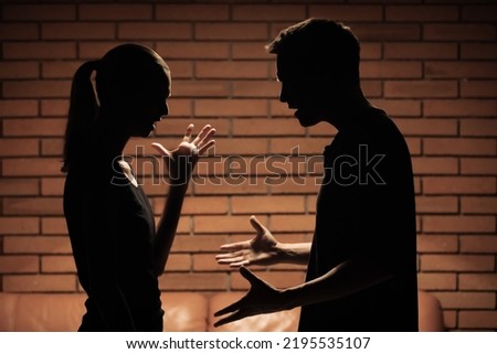 People, relationship difficulties, conflict and breaking up concept. Unhappy couple having quarrel fight Royalty-Free Stock Photo #2195535107