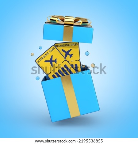 Travel, Journey or Business Fly Concept. Cartoon Stylized Airline Boarding Pass Airplane Tickets in Blue Gift Box with Golden Ribbon and Bow on a blue background. 3d Rendering