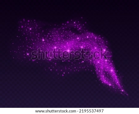 Magic cloud with sparkles, purple fairy stardust with sparks. Shiny fog for a witch spell, cosmic dust with glowing flares isolated on a dark background. Vector illustration. Royalty-Free Stock Photo #2195537497