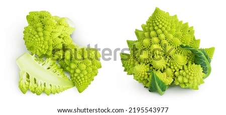 Romanesco broccoli cabbage or Roman Cauliflower isolated on white background. Top view. Flat lay Royalty-Free Stock Photo #2195543977