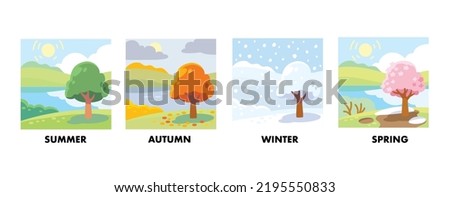 Four seasons icon set. Tree in four times of year spring, summer, fall and winter vector illustration. 4 graphic element representing winter, spring, summer, autumn with green, yellow, orange leaves. Royalty-Free Stock Photo #2195550833