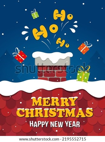 Santa Claus with gifts fell into the chimney of the fireplace. Christmas Eve. Merry Christmas and New Year card Royalty-Free Stock Photo #2195552715