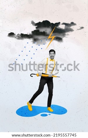 Creative collage photo of good mood white black optimistic man dancing on blue puddle while raining storm clouds on white background
