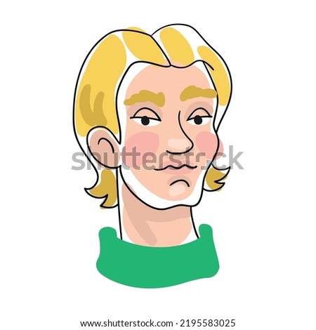 Portrait of a beautiful young man. Line style with colored spots. Isolated on white background. Vector flat illustration