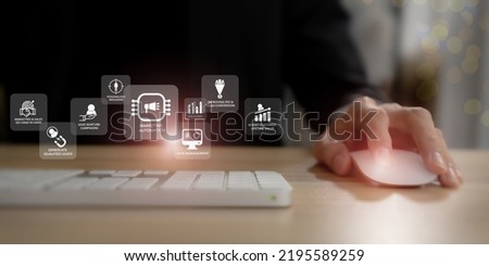Marketing automation, growth marketing strategy concept. Digital marketing automation tools used for all in one, email marketing, social media, customer journey, pricing, advertising, and loyalty. Royalty-Free Stock Photo #2195589259