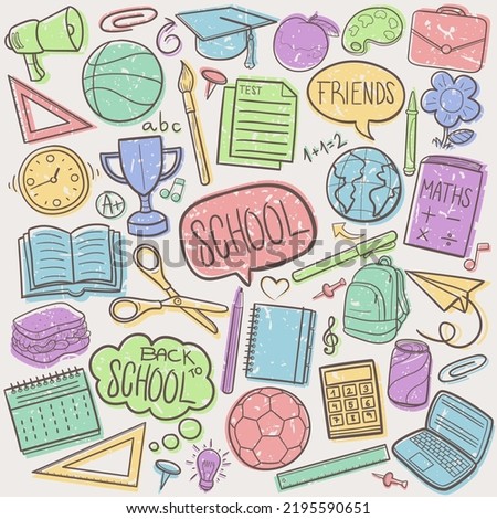 Back to School Doodle Icons. Hand Made Line Art. Teacher Clipart Logotype Symbol Design.