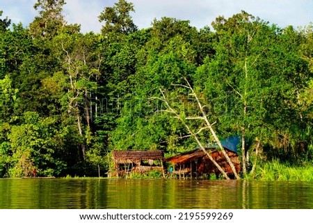 Two cottages made of natural materials are built on the banks of the river with a dense and green forest background