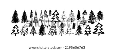 Christmas trees vector illustration set. Black spruces and pines hand-drawn with a brush. Black ink and brush sketches of spruce. Vector clip arts isolated on white. Coniferous trees silhouettes