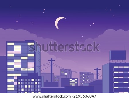 A romantic city with lit up skyscrapers. Purple night background with floating crescent moon. flat design style vector illustration.