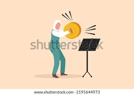 Business design drawing Arab female musician playing cymbals. Woman performer play classical music with percussion musical instrument. Artist band performance. Flat cartoon style vector illustration